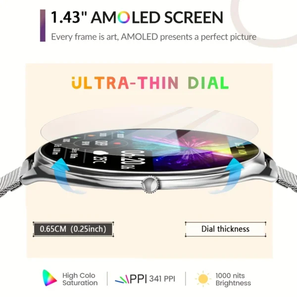 For Android IOS Ultra Thin SmartWatch Women 1.43" AMOLED 466*466 HD Pixel Display Always Show Time Call Reminder men Smartwatch - Image 2