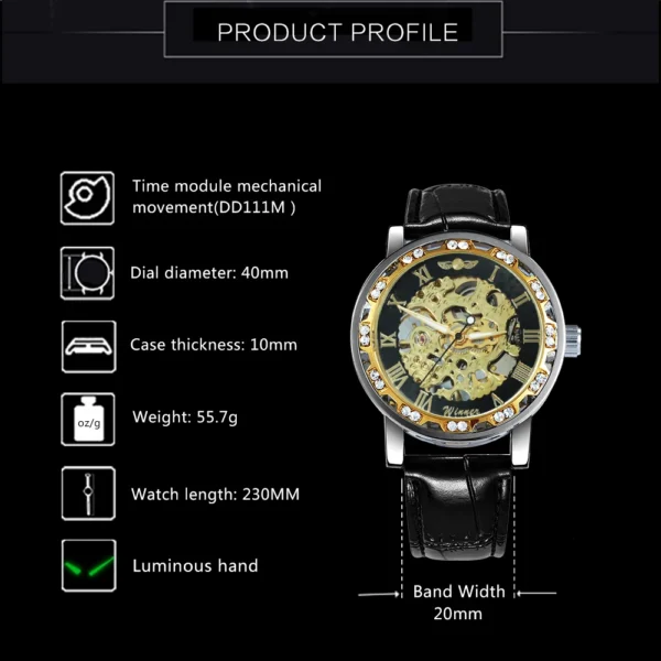 Unisex Classic Skeleton Mens Watch Luxury Diamond Case Gold Mechanical Watches Casual Leather Steel Strap Luminous WINNER Clock - Image 4