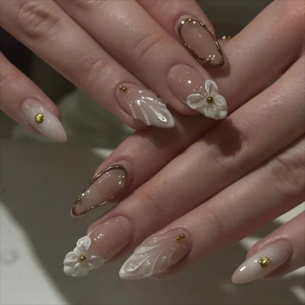 24pcs Mid-length Almond Press on Nails Sets Wearable Gradient Pink Flower Pearl Design False Nail French Fake Nail Finished Tips - Image 2