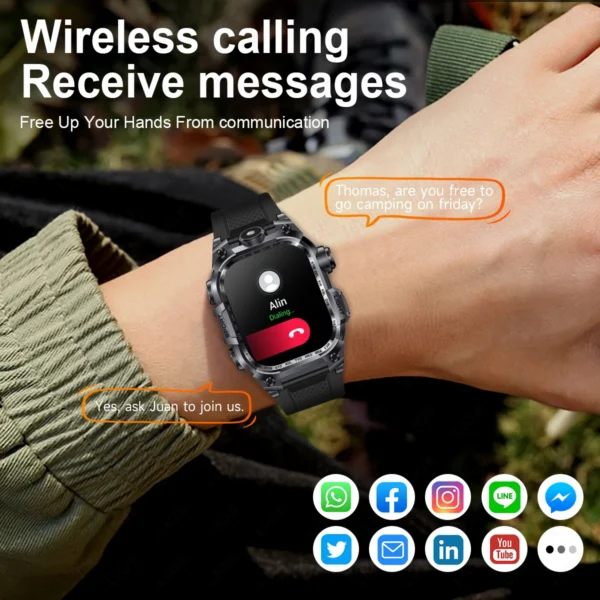 2024 Rugged Military Smart Watch Men LED Flashlight Heart Rate Bluetooth Calling Waterproof 2.01'' Outdoor SmartWatch For Xiaomi - Image 6