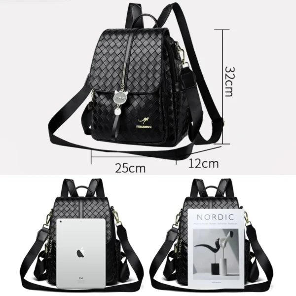 Ladies Woven Backpack Designer High Quality Pu Leather Women Bag Luxury School Bags Large Capacity A4 Backpacks with Cat Pendant - Image 5
