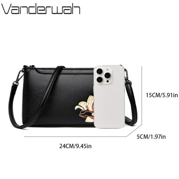 Elegant Black Leather Crossbody Bag with Floral Embroidery Compact Versatile Shoulder Bag for Women Blend of Style and Function - Image 4