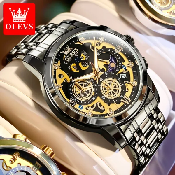 OLEVS 9947 Hot Sell Original Quartz Watch for Men Skeleton Flywheel Design Classic Chrono Small Dial Top Luxury Men's Wristwatch - Image 3
