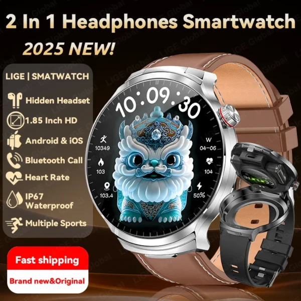LIGE 2025 New TWS 2-In-1 Headset Smart Watch 1.85" Bluetooth Call Men Earphone Smartwatch Heart Rate Health Monitor Music Watch