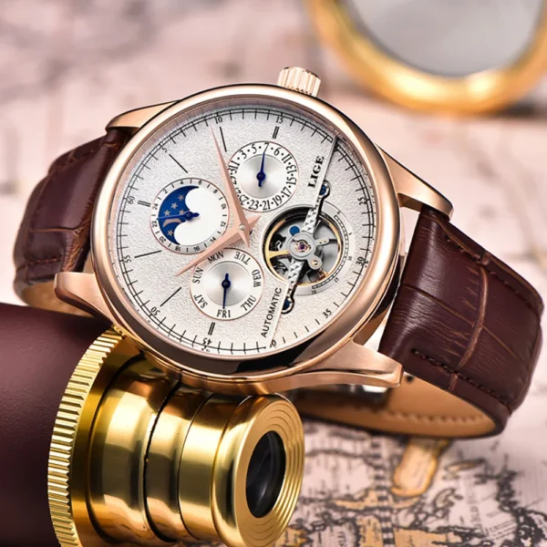 LIGE Brand Classic Mens Retro Watches Automatic Mechanical Watch Tourbillon Clock Genuine Leather Waterproof Military Wristwatch - Image 3