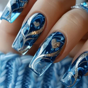 24pcs Golden Stripe Press on Nails Shiny Powder Love Design Long Square False Nails Wearable Full Cover Nail Tips Blue Fake Nail