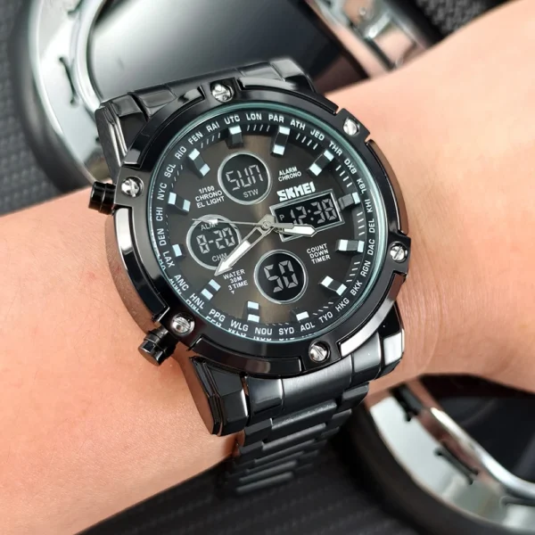 SKMEI Men Dual Display Watch Countdown Steel Strap Electronic Wristwatch Three Time Clock Digital Quartz Watch Relogio Masculino - Image 4