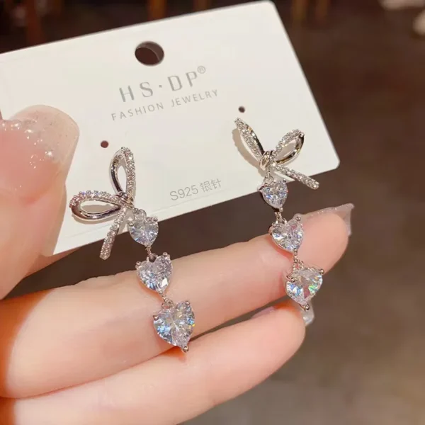 Bow Zircon Love Long Tassel Stud Earrings for Women Fashion Personalized Daily Accessory Party Jewelry Birthday Anniversary Gift - Image 5