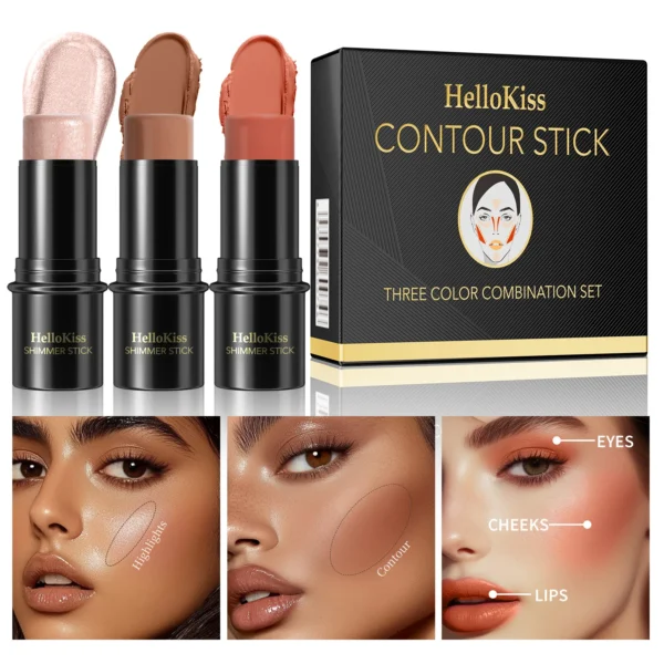 HelloKiss Multifunctional Three-Pack Grooming Stick, Three-dimensional Face Natural Brightening Blush Stick Highlight Stick