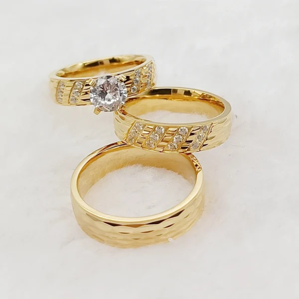 Wedding Rings Sets For Men And Women 3pcs Unique Designer Hammered 24k Gold Plated Jewelry cz Diamond Couples Engagement Ring - Image 3