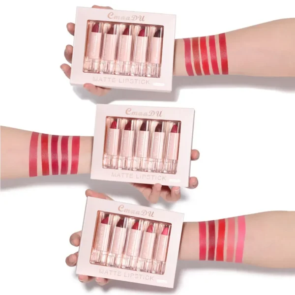 5pcs CmaaDu Matte Velvet Lipstick Set - Long-Lasting Waterproof Red Nude Lipsticks Collection Non-Stick Cup Makeup Cosmetics - Image 5