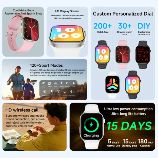 2025 Smart Watch 1.83" HD Screen Bluetooth Call Heart Rate Monitoring 120+ Sports Modes Waterproof for Men Woman Smartwatch Gift - Image 4