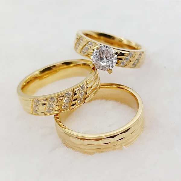 Wedding Rings Sets For Men And Women 3pcs Unique Designer Hammered 24k Gold Plated Jewelry cz Diamond Couples Engagement Ring - Image 4