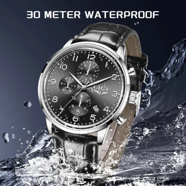 LIGE Fashion Business Watch For Man Leather Outdoor Sports Men's Quartz Wristwatches Waterproof Date Chronograph Reloj Hombre - Image 3