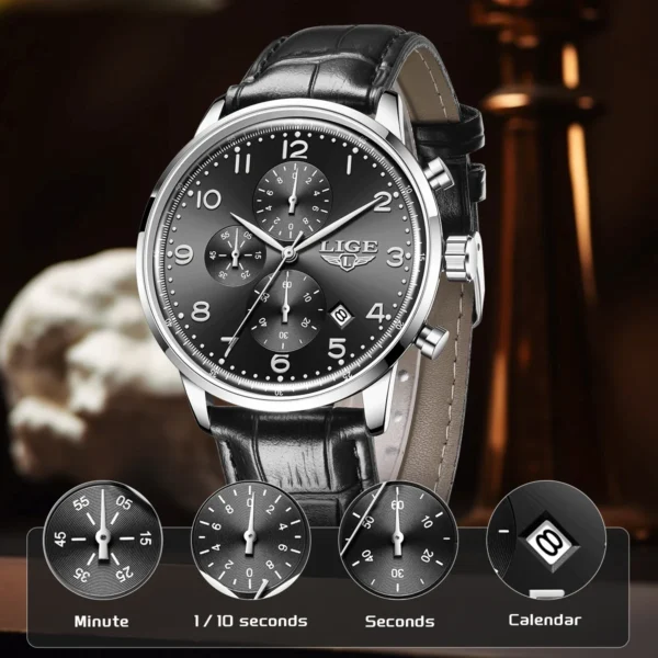 LIGE Fashion Business Watch For Man Leather Outdoor Sports Men's Quartz Wristwatches Waterproof Date Chronograph Reloj Hombre - Image 4