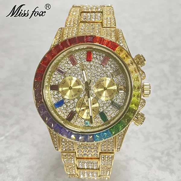 2022 Luxury Brand MISSFOX Gold Hip Hop Watches Men Fashion Rainbow Diamond Waterproof Smart Watch Full Steel Sports Clocks Male - Image 2