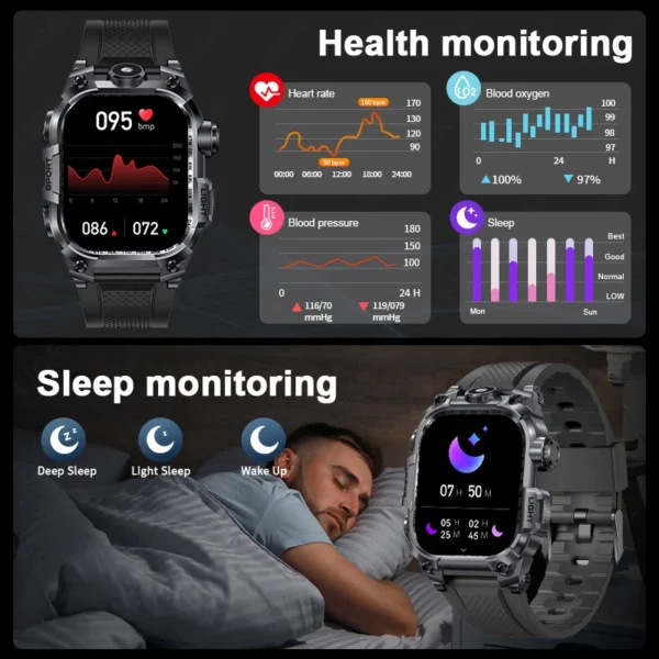 2024 Rugged Military Smart Watch Men LED Flashlight Heart Rate Bluetooth Calling Waterproof 2.01'' Outdoor SmartWatch For Xiaomi - Image 7