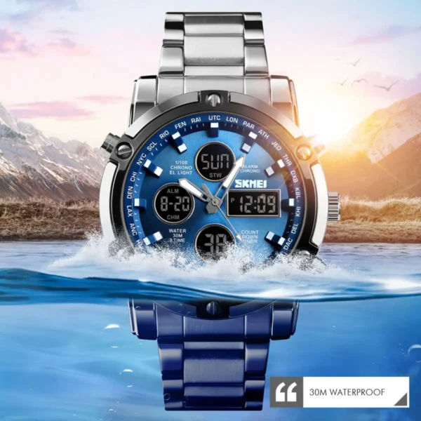 SKMEI Men Dual Display Watch Countdown Steel Strap Electronic Wristwatch Three Time Clock Digital Quartz Watch Relogio Masculino - Image 3