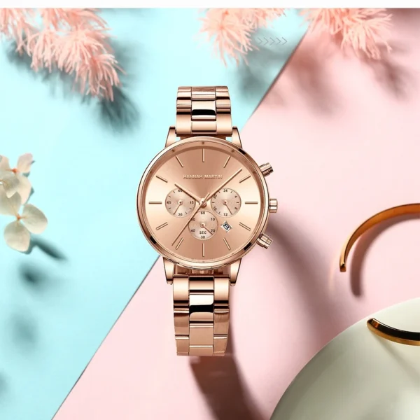 HANNAH MARTIN Luxury Watch 1101 Women Watch Fashion Waterproof Calendar Chronograph Quartz Steel Strip Watches for Women gift