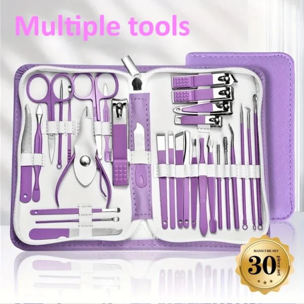 New Purple 30pcs Set, 30pcs Nail Clipper Set, Anti-Splash Fingernail Cutter Stainless Steel Manicure Scissors Cuticle - Image 4