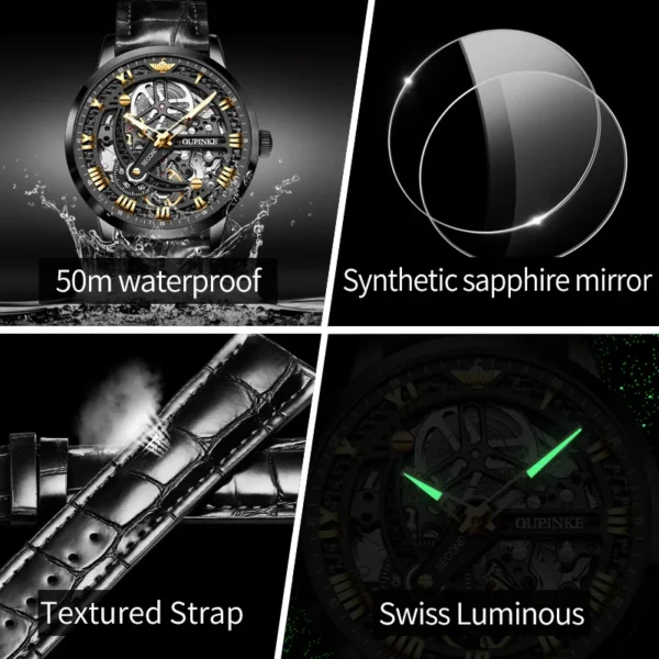 OUPINKE 3173 Original Leather Strap Automatic Hollow Mechanical Wristwatch for Men Chronograph Luxury Top Brand Men's Watches - Image 2