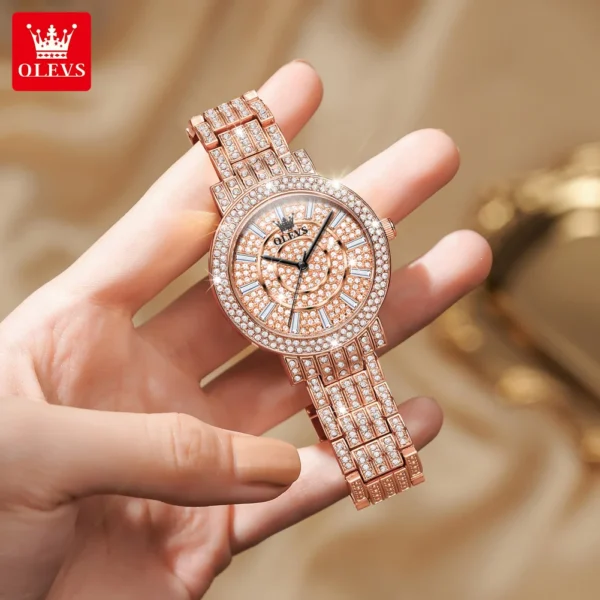 OLEVS 9904 Full Diamond Luxury Quartz Watch for Women Elegant Fashion Rose Gold Stainless Steel Waterproof Ladies Wristwatches - Image 4