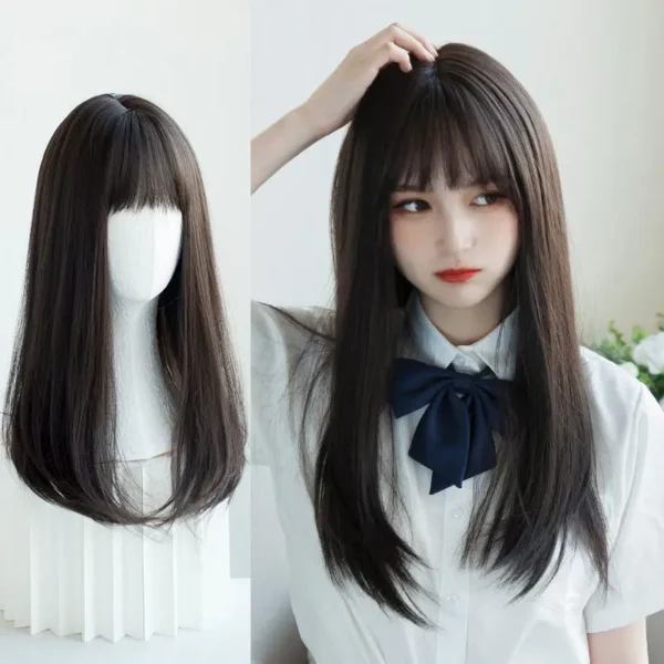 Korea Hair Extensions Synthetic Cute JK Girl Cosplay Air Bangs Wig Breathable Head Cover 50cm Long Straight Wig Hat for Women - Image 2