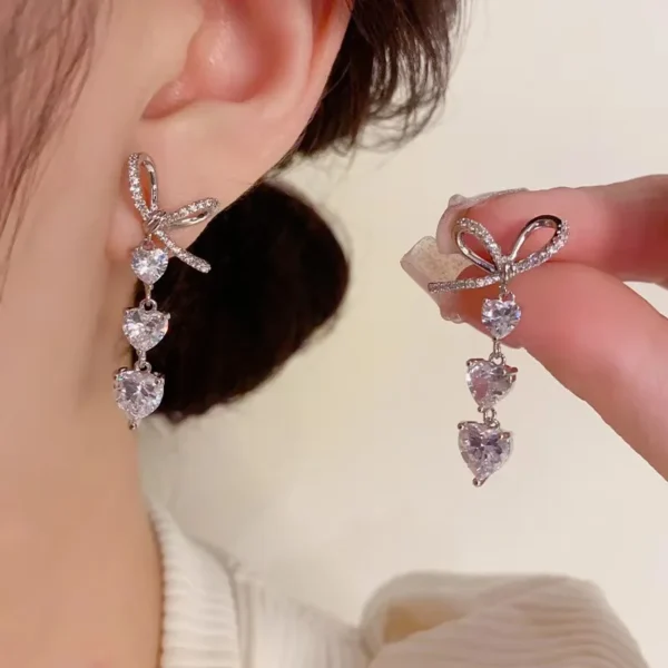 Bow Zircon Love Long Tassel Stud Earrings for Women Fashion Personalized Daily Accessory Party Jewelry Birthday Anniversary Gift - Image 2