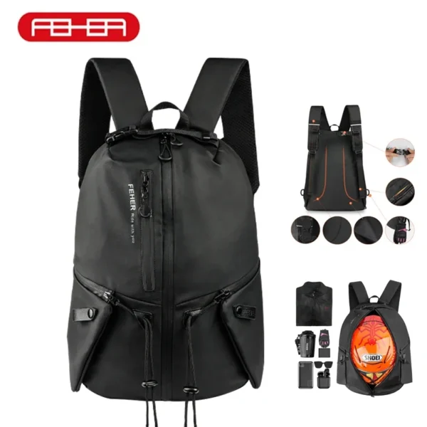 FEHER Motorcycle Backpack Waterproof Commuter Helmet Backpack 37L Large Capacity Multi-functional 900D Oxford Cloth Backpack