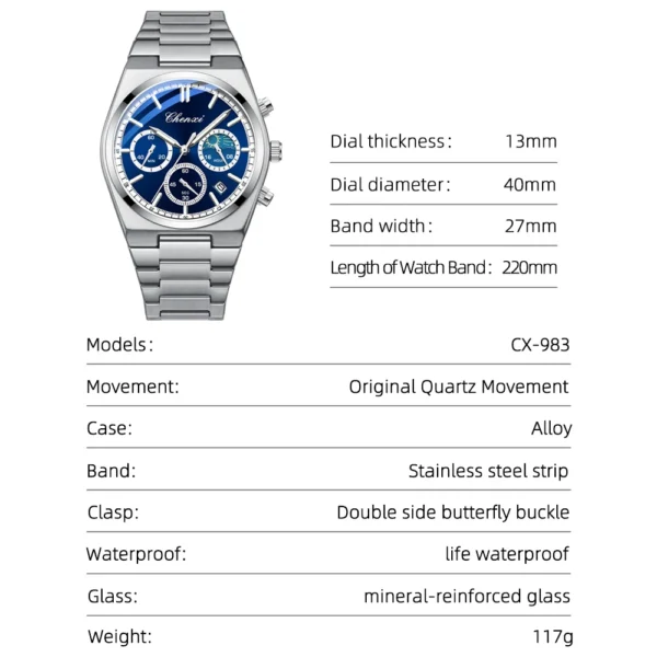 CHENXI Classic Business Moon Phase Men Watches Chronograph Quartz Man Watch Steel Strap Calendar Waterproof Luminous Wristwatch - Image 4