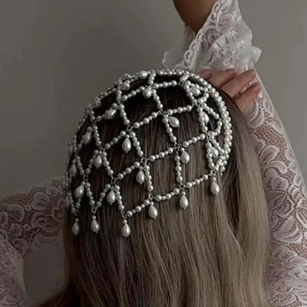 New Grid Mesh Headdress Costume Women Carnival Headband 1920s Pearl Hair Pendant Bohemian Fashion Vintage Headwear Accessories