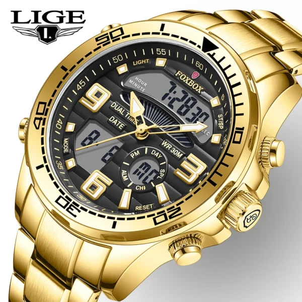 LIGE Top Luxury Watches Men FOXBOX LED Big Dial Military Mens Watch Stainless Steel Waterproof Quartz Wristwatches Reloj Hombre