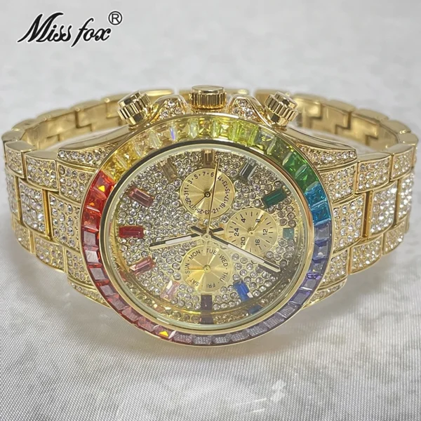 2022 Luxury Brand MISSFOX Gold Hip Hop Watches Men Fashion Rainbow Diamond Waterproof Smart Watch Full Steel Sports Clocks Male - Image 4