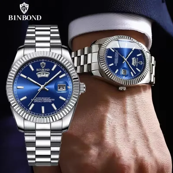 BINBOND Men's Quartz Watch with Stainless Steel Strap Waterproof Casual Watch, Displaying Date and Week with Night Light - Image 5