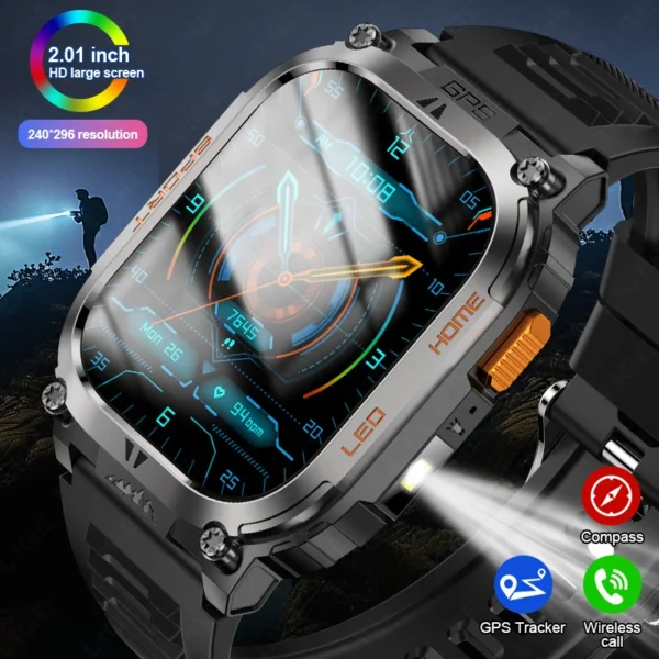 LIGE GPS Smart Watch 630mAh Battery IP68 Waterproof Bluetooth Call Men Sports Smartwatch 2.01'' LED Flashlight Compass Bracelet