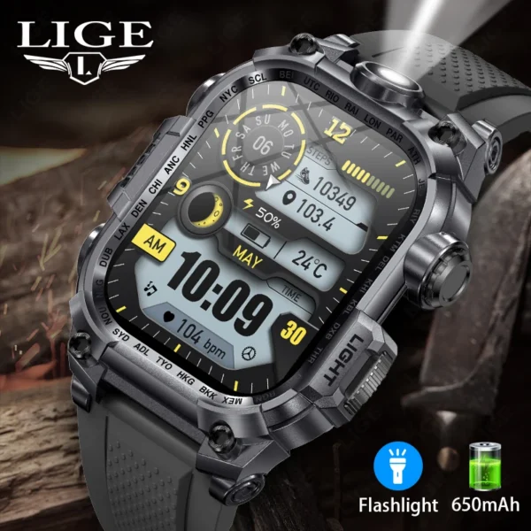 2024 Rugged Military Smart Watch Men LED Flashlight Heart Rate Bluetooth Calling Waterproof 2.01'' Outdoor SmartWatch For Xiaomi