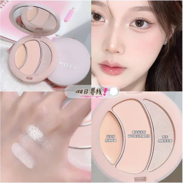 FAMOTY Three-Color Matte High-Gloss Pearlescent Water-Gloss Atmosphere 3D Brightening Fine Flash Highlighter Blush for Makeup - Image 4