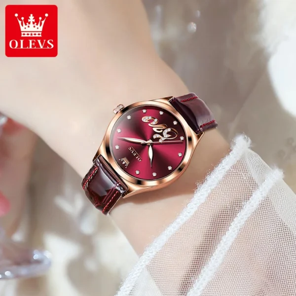 OLEVS 5581 Original Quartz Watch for Women Fashion Leather Strap Zircon Scale Rose Gold Bezel Waterproof Luxury Women's Watches - Image 3