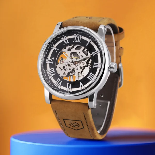 Forsining Classic Skeleton Hand Winding Watches Luminous Hands Mechanical Watch for Men Brown Leather Strap Business Wristwatch - Image 3