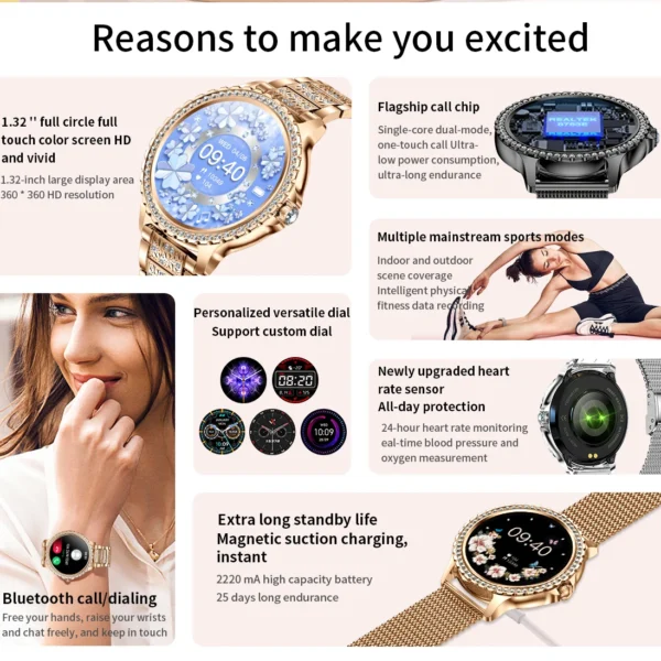 Fashion Luxury Gold Women Smart Watch Heart rate Blood Oxygen Sleep Monitoring Diamond Bracelet Bluetooth Call Smartwatch Ladies - Image 6