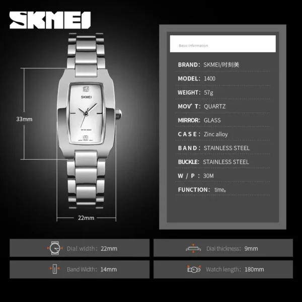 SKMEI 1400 Luxury Quartz Watch Woman Sports Silver Steel Waterproof Ladies Wristwatches Dress Women Girl Clock Relogio Feminino - Image 6