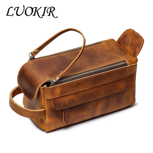 LUOKIR Vintage Multi-functional Genuine Leather Handbag Men's Makeup Bag Large Capacity Crazy Horse Leather Toiletry Organizer