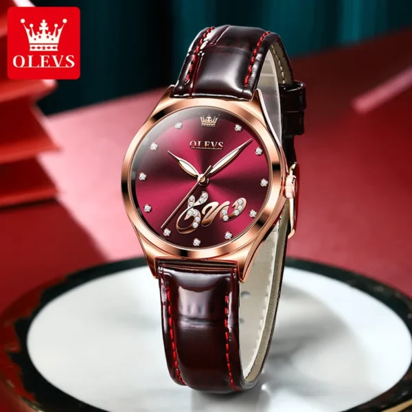OLEVS 5581 Original Quartz Watch for Women Fashion Leather Strap Zircon Scale Rose Gold Bezel Waterproof Luxury Women's Watches - Image 2