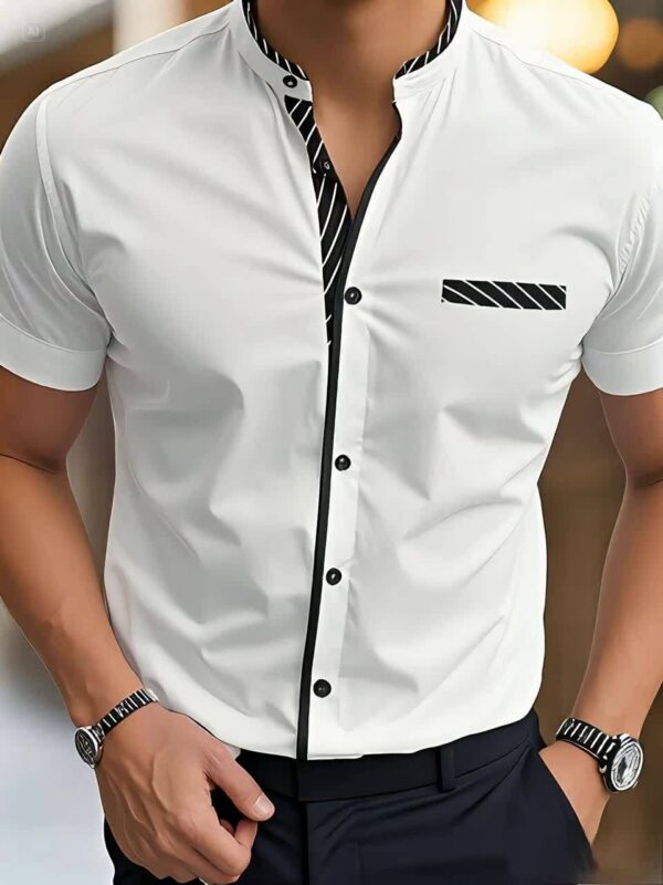 Men's Light Blue Casual Short Sleeve Shirt with Black Contrast Collar & Cuffs - Stand-Up Collar, Machine-Washable Fabric, Regular Fit for Summer, Office, Commute & Streetwear, Classic Buttonup Design, Nontransparent Material - Image 11