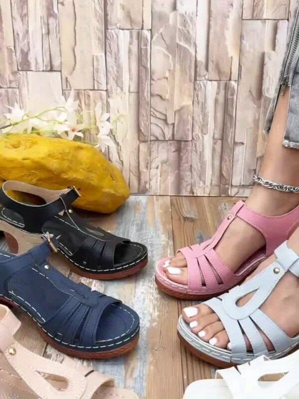 Women's Solid Color Stylish Sandals, Summer T-Strap High Heels, Casual One-Strap Non-Slip Chunky Heels - Image 42