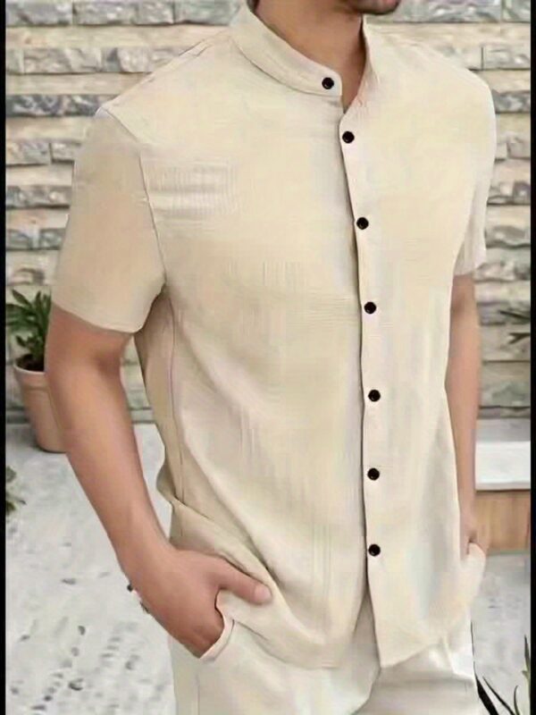 Men's Casual Button-Up Shirt - Lightweight Red Non-Transparent Fabric, Machine Washable Stand Collar Shirt for Office, Formal Events & Casual Attire - Breathable Summer Business Casual Clothing, Geometric Pattern Fabric, Woven Texture, Office Attire, Durable Material, Professional Attire - Image 6