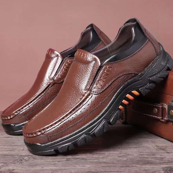 Men's Genuine Leather Slip-On Dress Shoes for Fathers Age 40-50 - Slip-Resistant Rubber Sole, Round Toe Comfort, All-Season Casual & Business Casual Shoes (Brown, Size Up to 50), Versatile Footwear | Side Zipper Design | Durable Footwear - Image 5