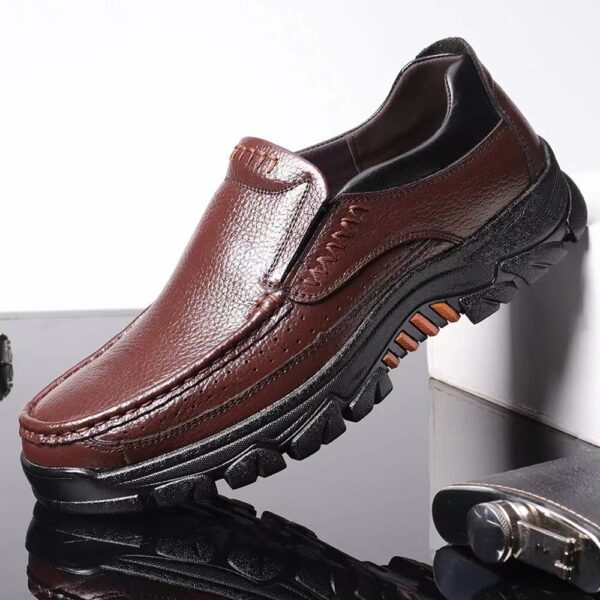 Men's Genuine Leather Slip-On Dress Shoes for Fathers Age 40-50 - Slip-Resistant Rubber Sole, Round Toe Comfort, All-Season Casual & Business Casual Shoes (Brown, Size Up to 50), Versatile Footwear | Side Zipper Design | Durable Footwear - Image 4
