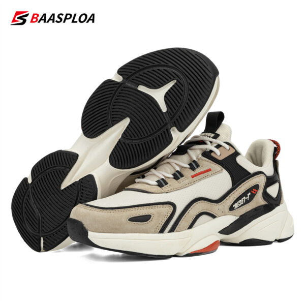 BAASPLOA Men's Casual Sneakers Shock-Absorbing MD/TPR Sole, Breathable PU Upper with Striped Design, Low-Top Lace-Up for Gym Training & Daily Wear - Beige/Black/Red, Shockabsorbing Shoes, Laceup Shoes, Shockresistant Shoes
