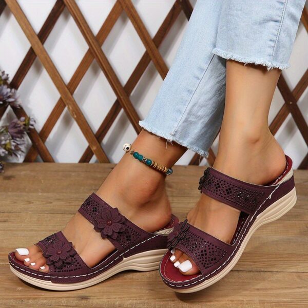 Women's Flower & Rhinestone Wedge Slippers, Solid Color Open Toe Non Slip Arch Support Slides Shoes, Casual Retro Sandals - Image 17